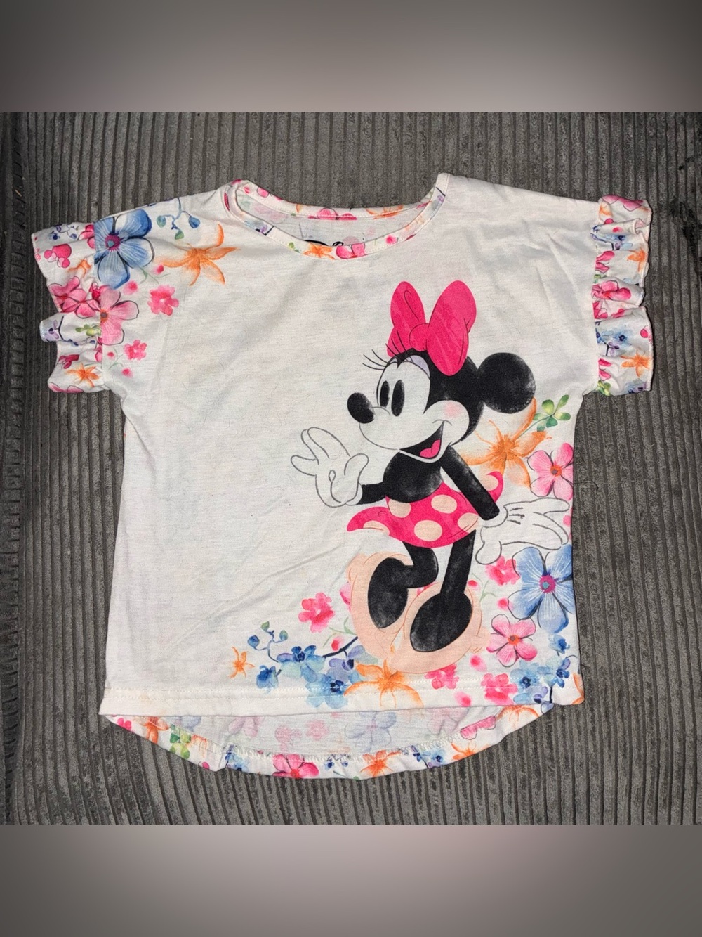 Disney White Minnie Mouse Floral Ruffle Sleeve Tee with Pink Accents